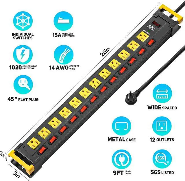 Alt view image 2 of 7 - CRST 12 Outlets Long Power Strip, 9 FT Cord Metal Surge Protector Power Strip with Individual Switches, Wall Mount Power Strip with Cord Manager, 1020J, 15Amp/1875W for Garage,Workshop, Office, Home