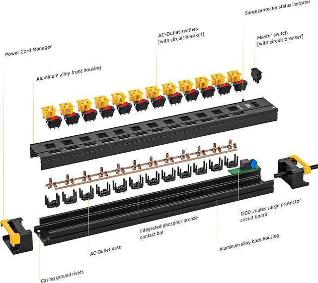 Alt view image 7 of 7 - CRST 12 Outlets Long Power Strip, 9 FT Cord Metal Surge Protector Power Strip with Individual Switches, Wall Mount Power Strip with Cord Manager, 1020J, 15Amp/1875W for Garage,Workshop, Office, Home