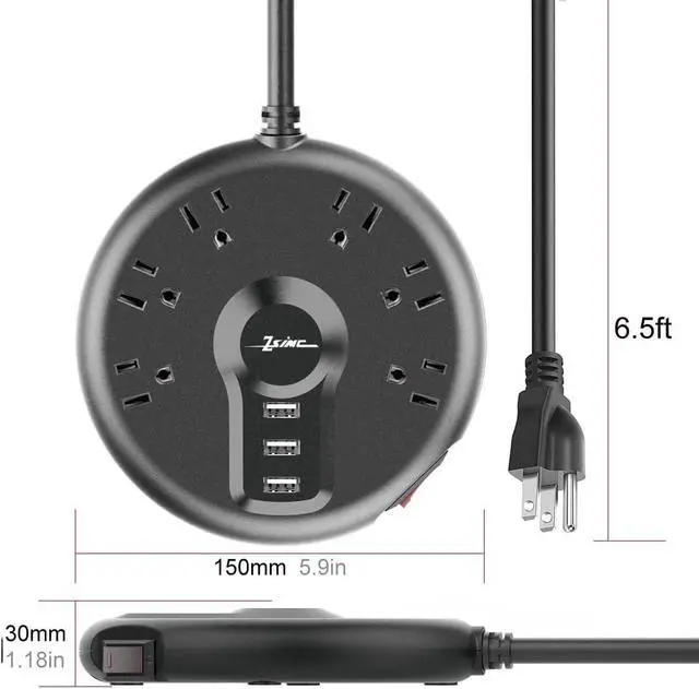 Alt view image 2 of 7 - Power Strip, 6 Outlets and 3 USB Ports 6.5FT Long Extension Cord, Circle Socket Overload Surge Protector, 100% Copper Core, Flat Plug Charging Station Compact for Office, Home, Travel (Black)