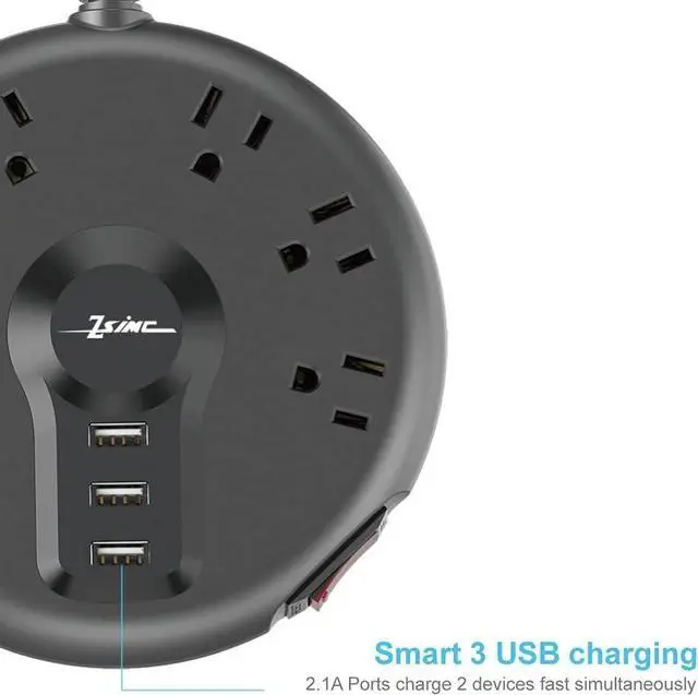 Alt view image 6 of 7 - Power Strip, 6 Outlets and 3 USB Ports 6.5FT Long Extension Cord, Circle Socket Overload Surge Protector, 100% Copper Core, Flat Plug Charging Station Compact for Office, Home, Travel (Black)