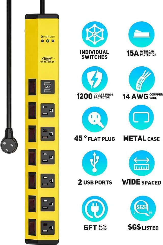Alt view image 2 of 7 - CRST 6-Outlet Heavy Duty Power Strip with USB and Individual Switches, 1200 Joules Metal Mountable Surge Protector Power Strip 15A Circuit Breaker, 6FT Extension Cord for Garage, Workshop, Home