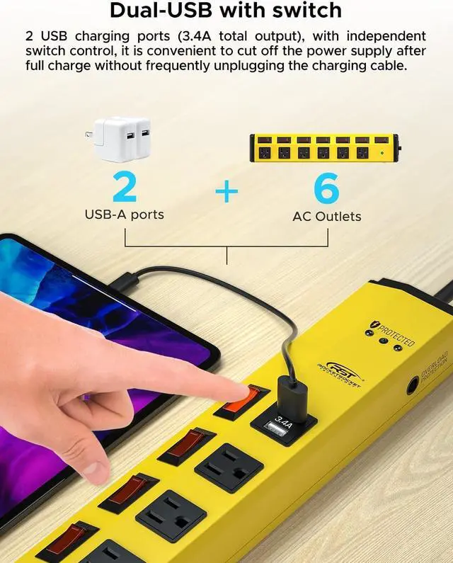 Alt view image 3 of 7 - CRST 6-Outlet Heavy Duty Power Strip with USB and Individual Switches, 1200 Joules Metal Mountable Surge Protector Power Strip 15A Circuit Breaker, 6FT Extension Cord for Garage, Workshop, Home