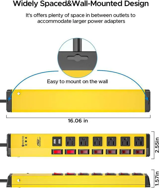Alt view image 5 of 7 - CRST 6-Outlet Heavy Duty Power Strip with USB and Individual Switches, 1200 Joules Metal Mountable Surge Protector Power Strip 15A Circuit Breaker, 6FT Extension Cord for Garage, Workshop, Home