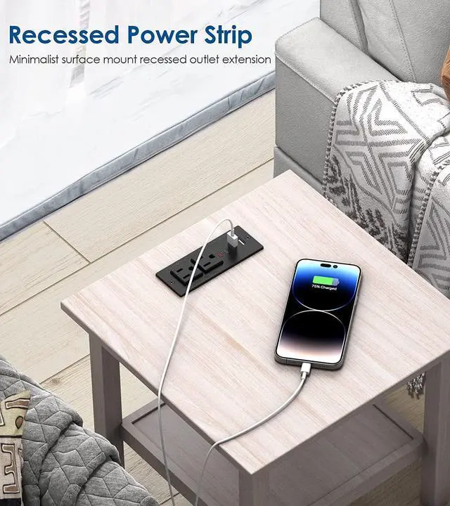 Alt view image 5 of 7 - Recessed Power Strip with 30W USB C,Ultra Thin Flat Plug Power Strip,2 Outlets 4 USB Ports,Furniture Flush Mount Desk Outlet,Recessed Outlet for Side Table/Sofa Table,6ft Cord (Black)