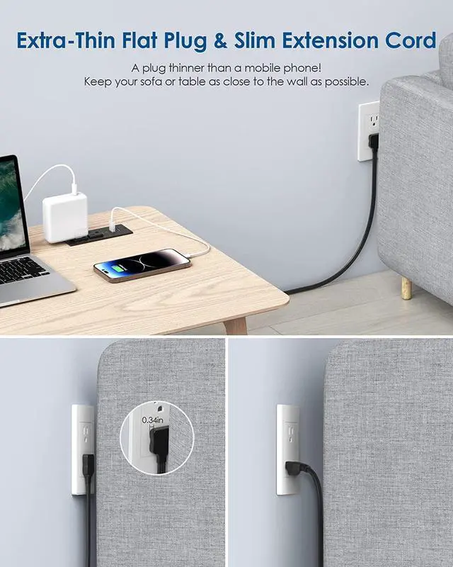 Alt view image 3 of 7 - Recessed Power Strip with 30W USB C,Ultra Thin Flat Plug Power Strip,2 Outlets 4 USB Ports,Furniture Flush Mount Desk Outlet,Recessed Outlet for Side Table/Sofa Table,6ft Cord (Black)
