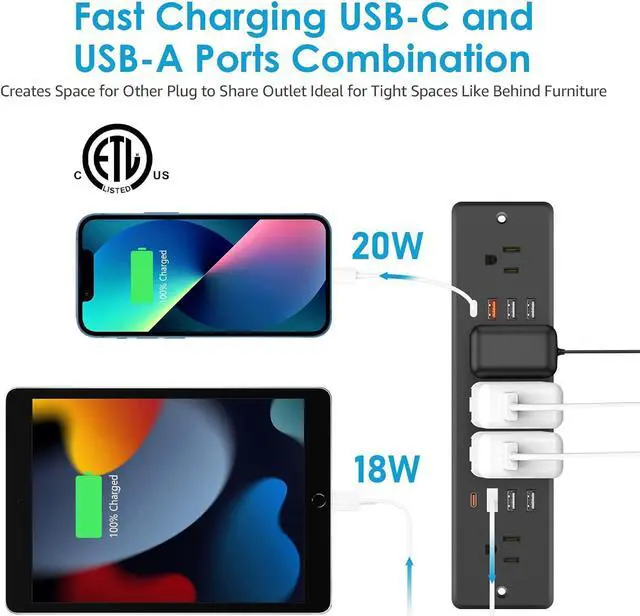 Alt view image 6 of 7 - 13 in 1 Recessed Power Strip Flat Plug Fast Charging Furniture Outlet with USB Conference Recessed Surge Protection Socket with 5 AC Plugs 6 USB Ports 2 USB-C 6ft Power Cord.(Black)
