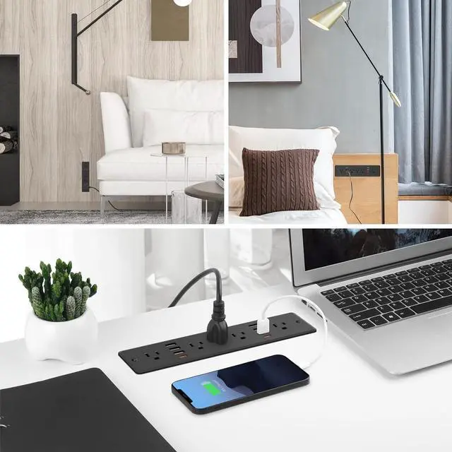 Alt view image 7 of 7 - 13 in 1 Recessed Power Strip Flat Plug Fast Charging Furniture Outlet with USB Conference Recessed Surge Protection Socket with 5 AC Plugs 6 USB Ports 2 USB-C 6ft Power Cord.(Black)