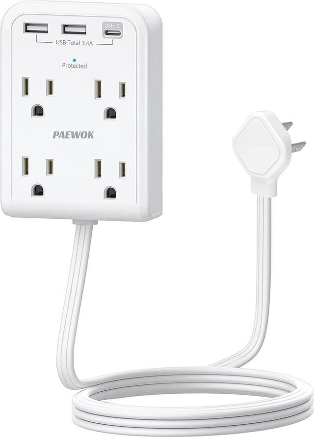 Flat Multi Plug Extender with 3 USB Wall Charger(1 Type C), 4 Outlet Wall  Adapter, 4 ft Thin Extension Cord, Flat Plug Surge Protector Power Strip  for Home, Office. White 