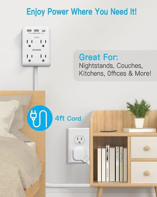 Alt view image 2 of 7 - Flat Multi Plug Extender with 3 USB Wall Charger(1 Type C), 4 Outlet Wall Adapter, 4 ft Thin Extension Cord, Flat Plug Surge Protector Power Strip for Home, Office, College Dorm. White