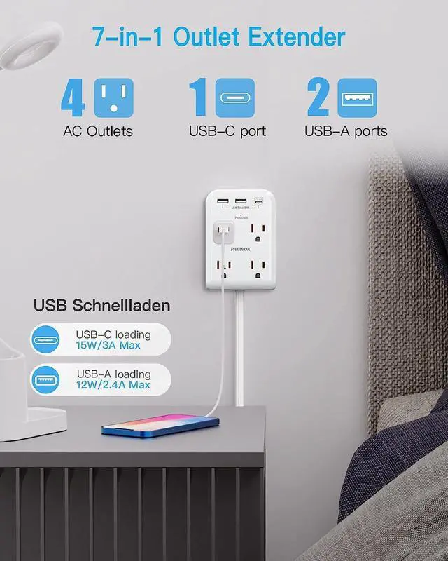 Alt view image 4 of 7 - Flat Multi Plug Extender with 3 USB Wall Charger(1 Type C), 4 Outlet Wall Adapter, 4 ft Thin Extension Cord, Flat Plug Surge Protector Power Strip for Home, Office, College Dorm. White