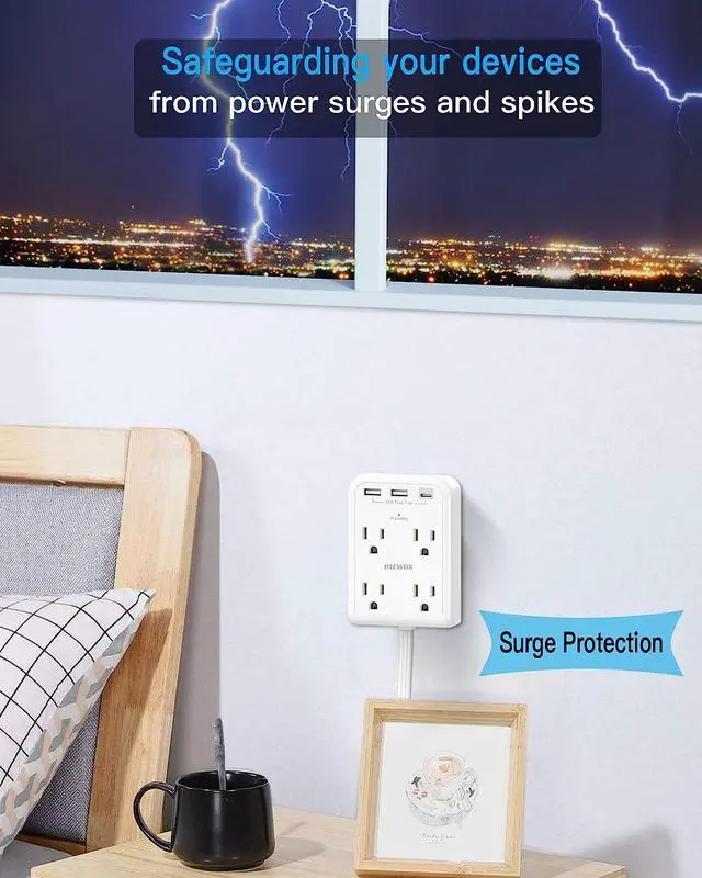 Alt view image 6 of 7 - Flat Multi Plug Extender with 3 USB Wall Charger(1 Type C), 4 Outlet Wall Adapter, 4 ft Thin Extension Cord, Flat Plug Surge Protector Power Strip for Home, Office, College Dorm. White