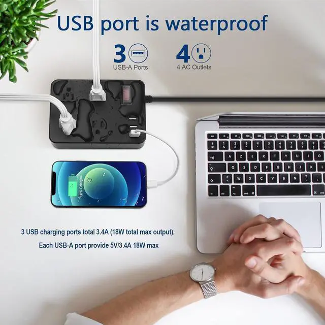 Alt view image 3 of 7 - Outdoor Power Strip Weatherproof,Waterproof Surge Protector with 4 Outlets,3 USB,Shockproof Overload Protection, Multi Outlet Extension for Camping, Garden, Kitchen, Bathroom, 6ft Cord,with Flat Plug