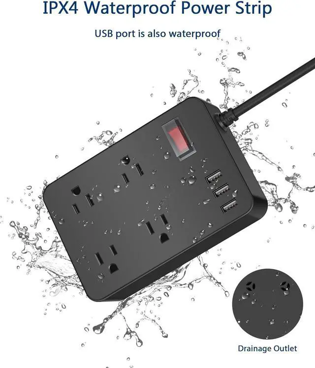 Alt view image 2 of 7 - Outdoor Power Strip Weatherproof,Waterproof Surge Protector with 4 Outlets,3 USB,Shockproof Overload Protection, Multi Outlet Extension for Camping, Garden, Kitchen, Bathroom, 6ft Cord,with Flat Plug