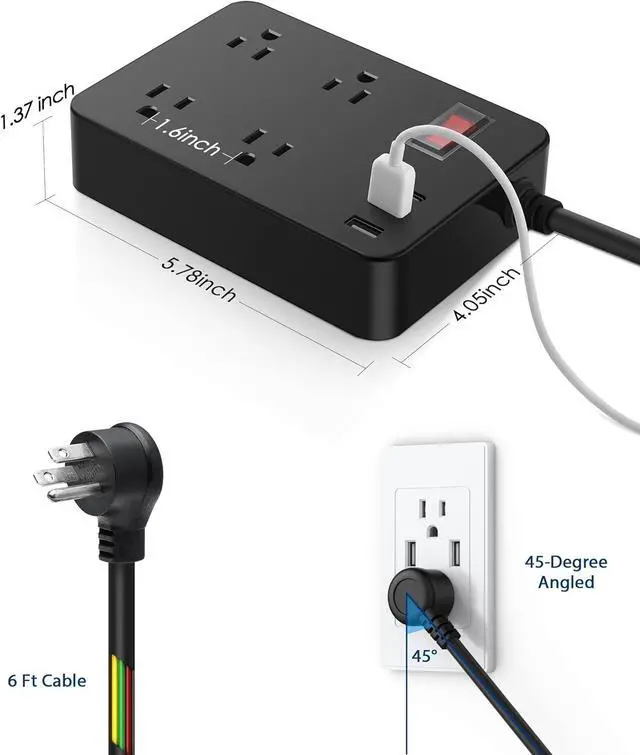 Alt view image 6 of 7 - Outdoor Power Strip Weatherproof,Waterproof Surge Protector with 4 Outlets,3 USB,Shockproof Overload Protection, Multi Outlet Extension for Camping, Garden, Kitchen, Bathroom, 6ft Cord,with Flat Plug