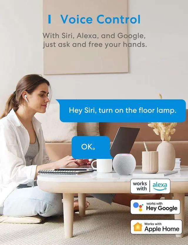 Alt view image 4 of 7 - meross Smart Plug Power Strip, WiFi Flat Outlet 15A Compatible with Apple HomeKit, Siri, Alexa, Google Assistant & SmartThings, with 4 AC Outlets & 4 USB Ports, 6 Feet Surge Protector Extender