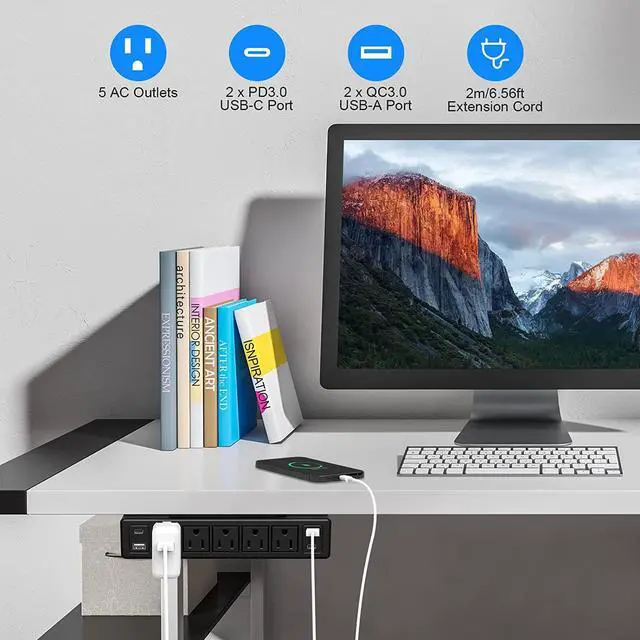 Alt view image 3 of 7 - 40W Under Desk Power Strip Mountable,20W USB-C Fast Charging Flat Plug Power Strip Surge Protector 1200J,9 in 1 Desk Outlet,5 Outlets,2 USB-C,2 USB-A,10FT Extension Cord Black