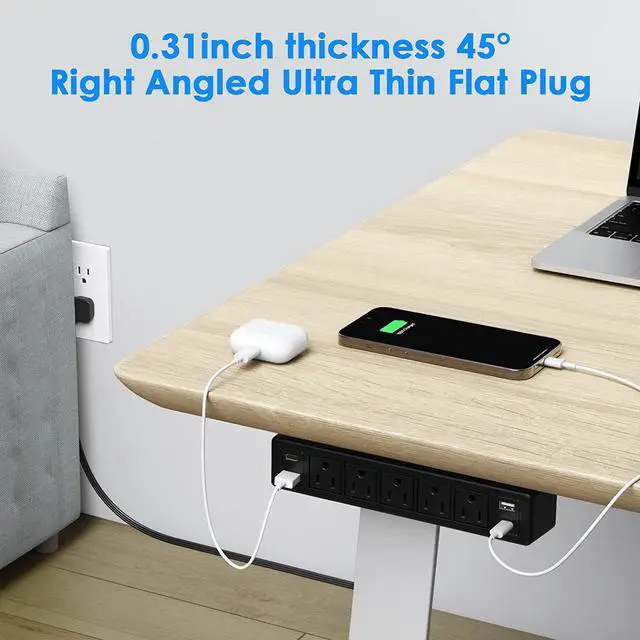 Alt view image 4 of 7 - 40W Under Desk Power Strip Mountable,20W USB-C Fast Charging Flat Plug Power Strip Surge Protector 1200J,9 in 1 Desk Outlet,5 Outlets,2 USB-C,2 USB-A,10FT Extension Cord Black