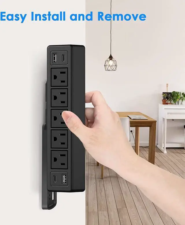 Alt view image 6 of 7 - 40W Under Desk Power Strip Mountable,20W USB-C Fast Charging Flat Plug Power Strip Surge Protector 1200J,9 in 1 Desk Outlet,5 Outlets,2 USB-C,2 USB-A,10FT Extension Cord Black