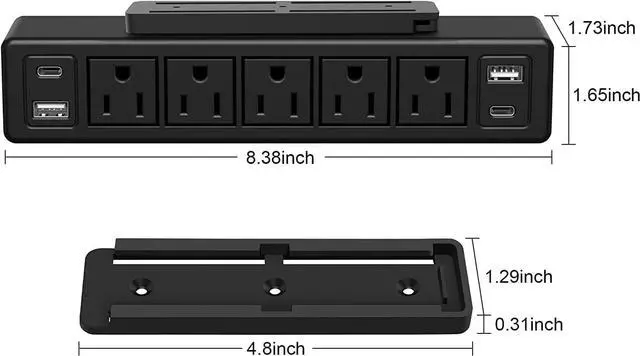 Alt view image 7 of 7 - 40W Under Desk Power Strip Mountable,20W USB-C Fast Charging Flat Plug Power Strip Surge Protector 1200J,9 in 1 Desk Outlet,5 Outlets,2 USB-C,2 USB-A,10FT Extension Cord Black