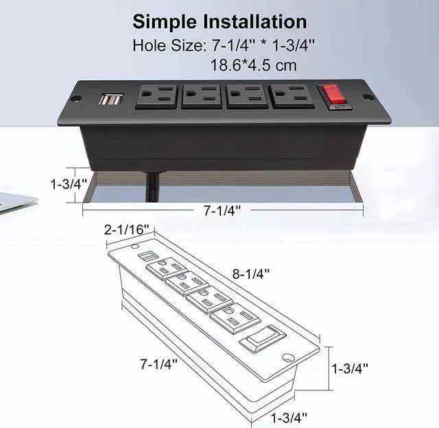 Alt view image 3 of 6 - Recessed Power Strip with USB Flush Mount Power Outlet Built in Desktop Power Extension Cord Plug for Countertop Kitchen Drawer Conference Cabinet Nightstand Desk.