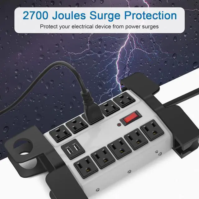 Alt view image 3 of 7 - CCCEI Heavy Duty Power Strip with USB Ports, Garage 10 Outlets Surge Protector 2700 Joules, Industrial Workshop Metal 15Amp Multiple Outlets, 6 FT Extension Cord and Wide Spaced Grey.