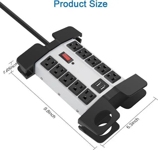 Alt view image 7 of 7 - CCCEI Heavy Duty Power Strip with USB Ports, Garage 10 Outlets Surge Protector 2700 Joules, Industrial Workshop Metal 15Amp Multiple Outlets, 6 FT Extension Cord and Wide Spaced Grey.
