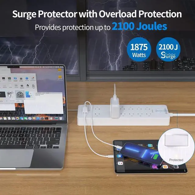 Alt view image 3 of 7 - Extension Cord 25 ft Power Strip, NTONPOWER 2100 Joules Surge Protector with 12 Outlet 3 USB Port, 1875W/15A, Overload Protection, Flat Plug, Long Cord for Workbench, Home Office Accessories, White