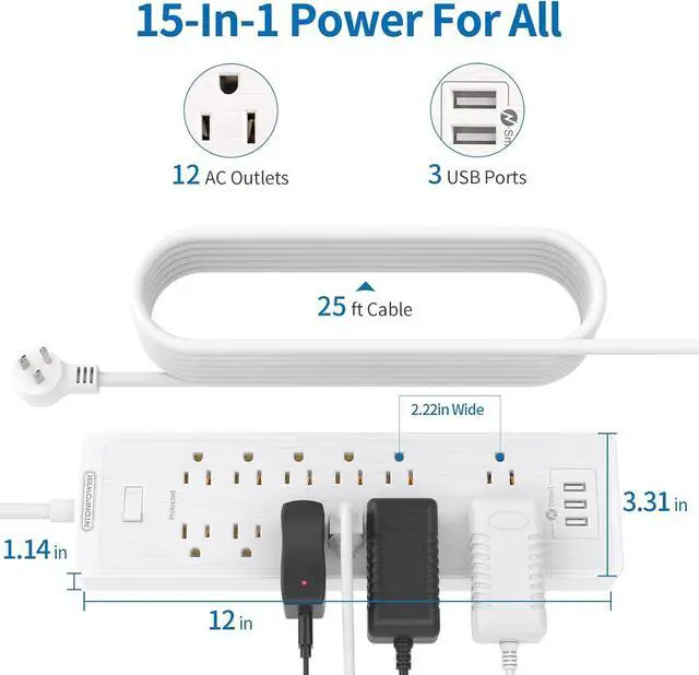 Alt view image 4 of 7 - Extension Cord 25 ft Power Strip, NTONPOWER 2100 Joules Surge Protector with 12 Outlet 3 USB Port, 1875W/15A, Overload Protection, Flat Plug, Long Cord for Workbench, Home Office Accessories, White