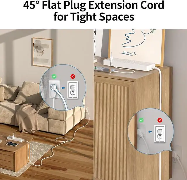 Alt view image 6 of 7 - Extension Cord 25 ft Power Strip, NTONPOWER 2100 Joules Surge Protector with 12 Outlet 3 USB Port, 1875W/15A, Overload Protection, Flat Plug, Long Cord for Workbench, Home Office Accessories, White