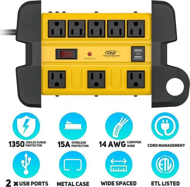 Alt view image 2 of 6 - Heavy Duty Surge Protector Power Strip with 2 USB Ports, CRST 8-Outlet Metal Industrial Power Block with 15A Circuit Breaker, 6ft Extension Cord, 1350 Joules for Workshop, Garage, Office, Shop