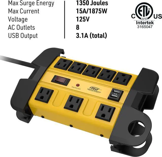 Alt view image 3 of 6 - Heavy Duty Surge Protector Power Strip with 2 USB Ports, CRST 8-Outlet Metal Industrial Power Block with 15A Circuit Breaker, 6ft Extension Cord, 1350 Joules for Workshop, Garage, Office, Shop