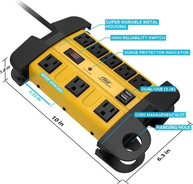 Alt view image 4 of 6 - Heavy Duty Surge Protector Power Strip with 2 USB Ports, CRST 8-Outlet Metal Industrial Power Block with 15A Circuit Breaker, 6ft Extension Cord, 1350 Joules for Workshop, Garage, Office, Shop