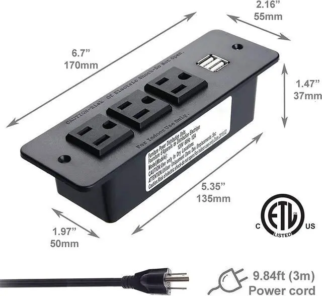 Alt view image 2 of 5 - Conference Recessed Power Strip with USB 3 Outlets 1875W/12amp 2 USB Ports 2.1amp 10ft Power Cord Black