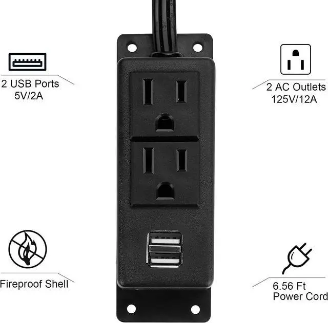 Alt view image 2 of 7 - Power Strip with USB, BTU Desktop Power Outlet with 2 AC Outlets, 2 USB Ports, 6.56ft Extension Cord, Mountable Under Desk, Workbench, Nightstand, Dresser, Table, Black