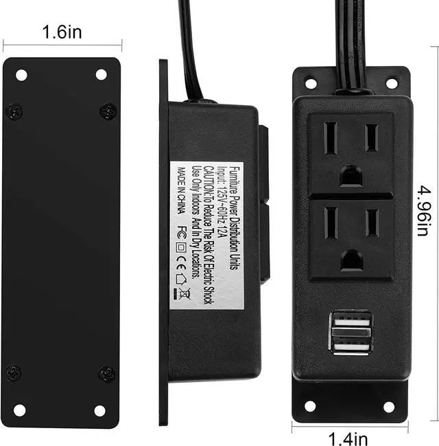 Alt view image 3 of 7 - Power Strip with USB, BTU Desktop Power Outlet with 2 AC Outlets, 2 USB Ports, 6.56ft Extension Cord, Mountable Under Desk, Workbench, Nightstand, Dresser, Table, Black