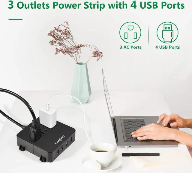 Alt view image 2 of 7 - Power Strip with USB - Wall Mountable Power Strip with 4 USB Ports & 3 Outlets with On/Off Switch & 5ft Extension Cord for Cruise Ship, Travel, Hotel, Office (Black)