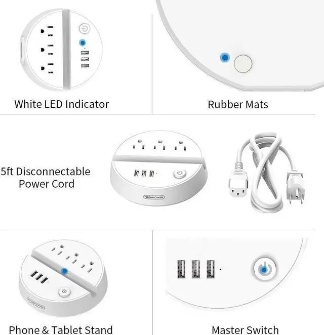 Alt view image 4 of 7 - Nightstand Power Strip with USB - NTONPOWER 3 Outlets 3 USB Desktop Charging Station, 5ft Extension Cord with Switch Control and Phone/Tablet Holder for Home, Cruise Ship, Hotel and Office (White)