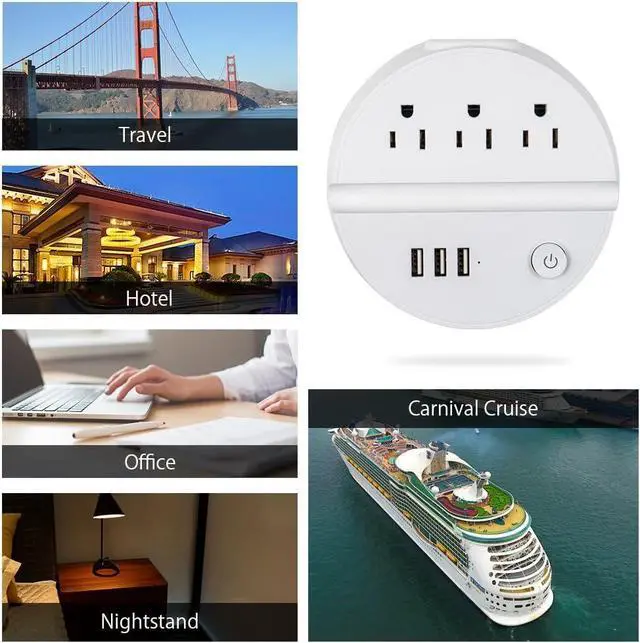 Alt view image 7 of 7 - Nightstand Power Strip with USB - NTONPOWER 3 Outlets 3 USB Desktop Charging Station, 5ft Extension Cord with Switch Control and Phone/Tablet Holder for Home, Cruise Ship, Hotel and Office (White)