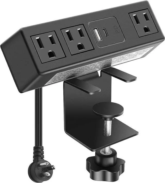 Main image of CCCEI Desk Clamp Power Strip with PD 3.0 Fast Charging USB C Port, on Desktop Mount Widely Spaced Outlet 6 FT Flat Plug, Fit 1.6 inch Tabletop Edge Thick, 125V 12A 1500W (Black)