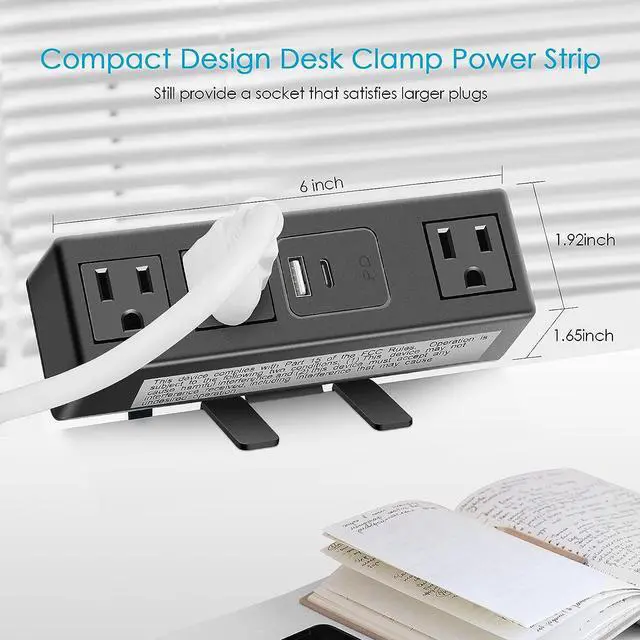 Alt view image 3 of 7 - CCCEI Desk Clamp Power Strip with PD 3.0 Fast Charging USB C Port, on Desktop Mount Widely Spaced Outlet 6 FT Flat Plug, Fit 1.6 inch Tabletop Edge Thick, 125V 12A 1500W (Black)