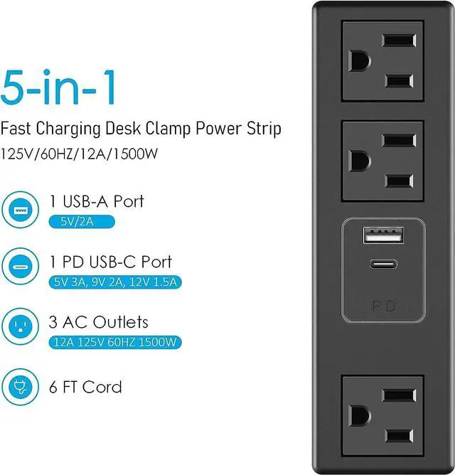 Alt view image 4 of 7 - CCCEI Desk Clamp Power Strip with PD 3.0 Fast Charging USB C Port, on Desktop Mount Widely Spaced Outlet 6 FT Flat Plug, Fit 1.6 inch Tabletop Edge Thick, 125V 12A 1500W (Black)
