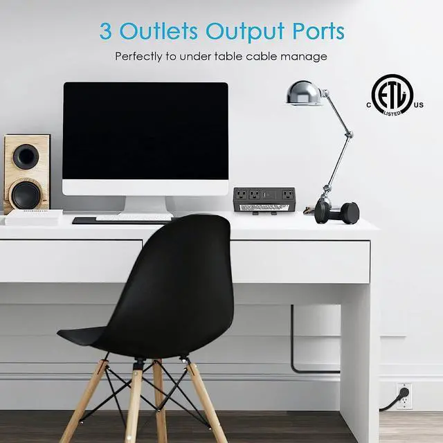 Alt view image 5 of 7 - CCCEI Desk Clamp Power Strip with PD 3.0 Fast Charging USB C Port, on Desktop Mount Widely Spaced Outlet 6 FT Flat Plug, Fit 1.6 inch Tabletop Edge Thick, 125V 12A 1500W (Black)