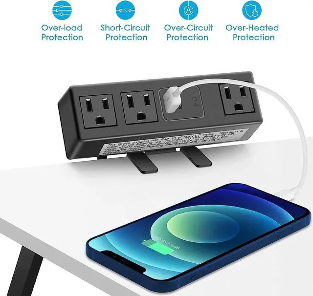 Alt view image 7 of 7 - CCCEI Desk Clamp Power Strip with PD 3.0 Fast Charging USB C Port, on Desktop Mount Widely Spaced Outlet 6 FT Flat Plug, Fit 1.6 inch Tabletop Edge Thick, 125V 12A 1500W (Black)