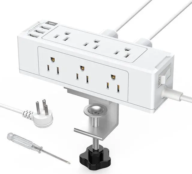 Main image of Desk Clamp Power Strip with USB Port, Desk Outlet 1700 Joules Surge Protector Power Strip, Desk Edge Mount Outlets with 9 Outlets and 4 USB Ports, Removable Clamp Power Strip, 6 FT Flat Plug