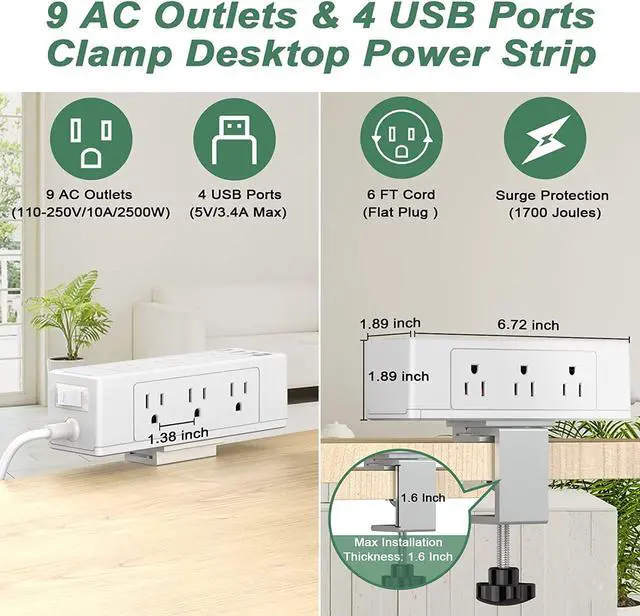 Alt view image 2 of 7 - Desk Clamp Power Strip with USB Port, Desk Outlet 1700 Joules Surge Protector Power Strip, Desk Edge Mount Outlets with 9 Outlets and 4 USB Ports, Removable Clamp Power Strip, 6 FT Flat Plug