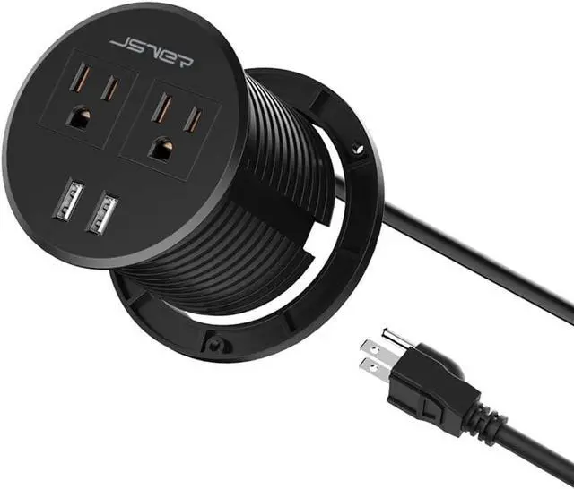 Main image of Desktop Power Grommet JSVER Mini Desktop Power Strip Hide Recessed Power Grommet Socket with 2 AC Outlets and 2 USB Charging Ports,Cable for a 3-1/8 Inch Desk Hole for Kitchen Table/Conference Room