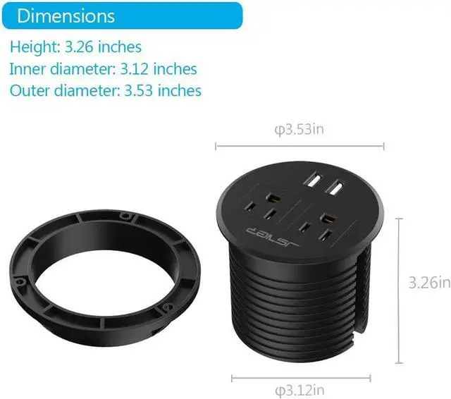 Alt view image 2 of 7 - Desktop Power Grommet JSVER Mini Desktop Power Strip Hide Recessed Power Grommet Socket with 2 AC Outlets and 2 USB Charging Ports,Cable for a 3-1/8 Inch Desk Hole for Kitchen Table/Conference Room