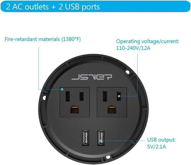 Alt view image 5 of 7 - Desktop Power Grommet JSVER Mini Desktop Power Strip Hide Recessed Power Grommet Socket with 2 AC Outlets and 2 USB Charging Ports,Cable for a 3-1/8 Inch Desk Hole for Kitchen Table/Conference Room