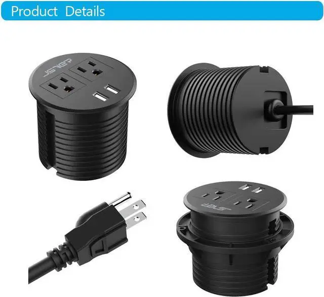 Alt view image 6 of 7 - Desktop Power Grommet JSVER Mini Desktop Power Strip Hide Recessed Power Grommet Socket with 2 AC Outlets and 2 USB Charging Ports,Cable for a 3-1/8 Inch Desk Hole for Kitchen Table/Conference Room