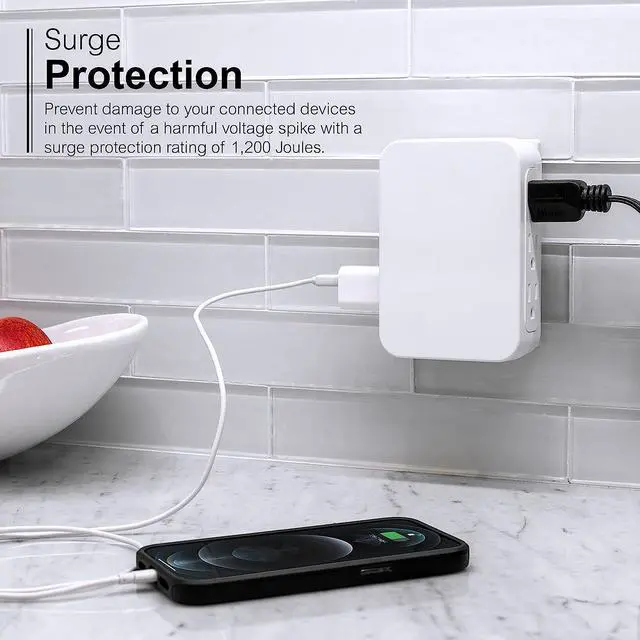 Alt view image 3 of 5 - Pro 6-Outlet Extender Surge Protector Side Access Wall Tap Adapter 3-Prong 1200 Joules Warranty UL Listed White 10353
